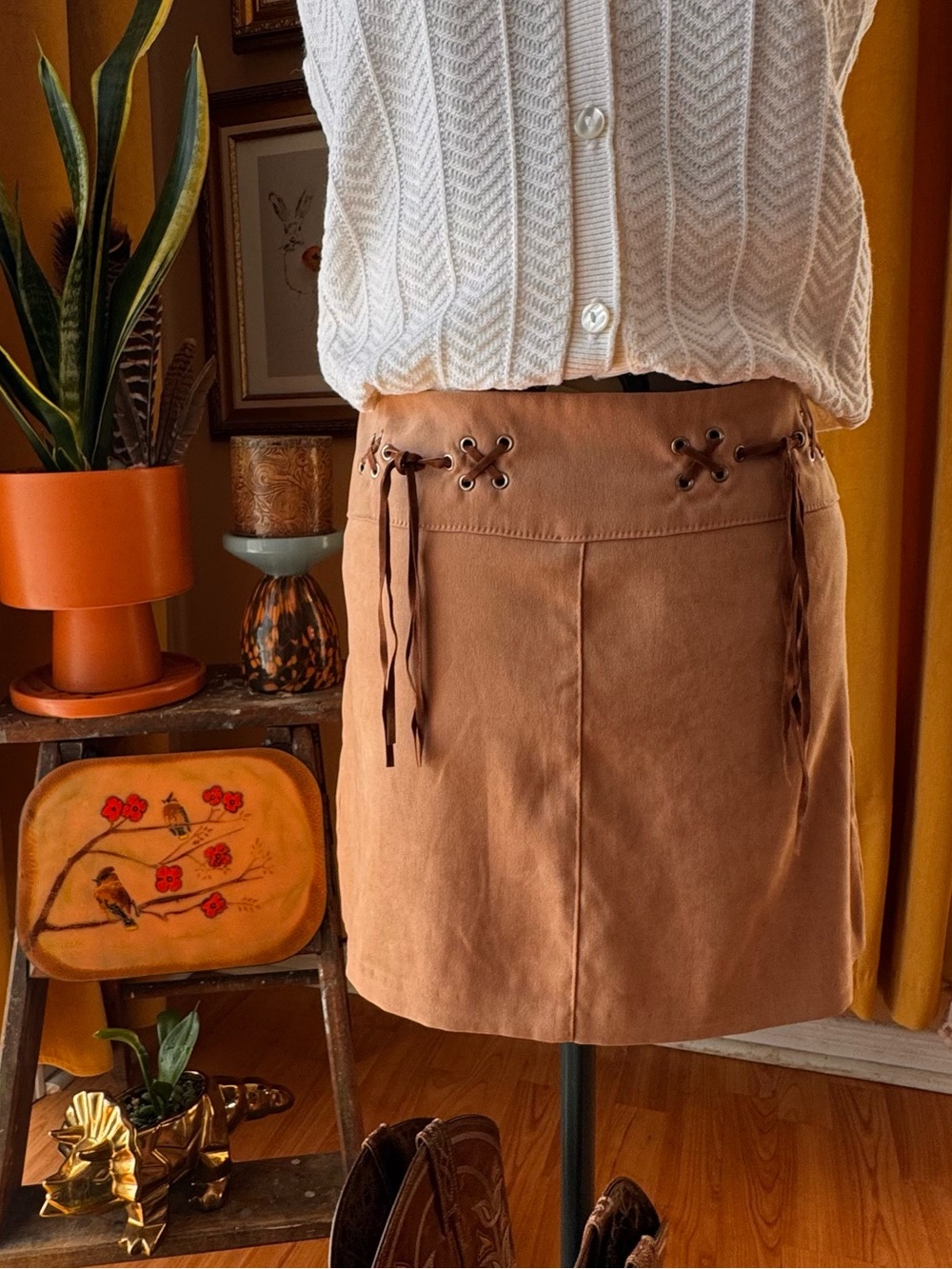 Vintage Vegan Suede Low Waist Country Festival Mini Skirt